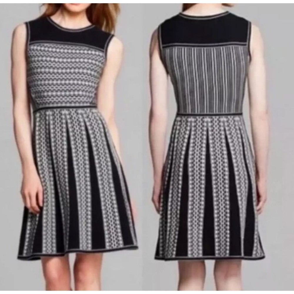 Tory Burch Monique Pleated Knit Dress Black & White Sleeveless Textured Size XS